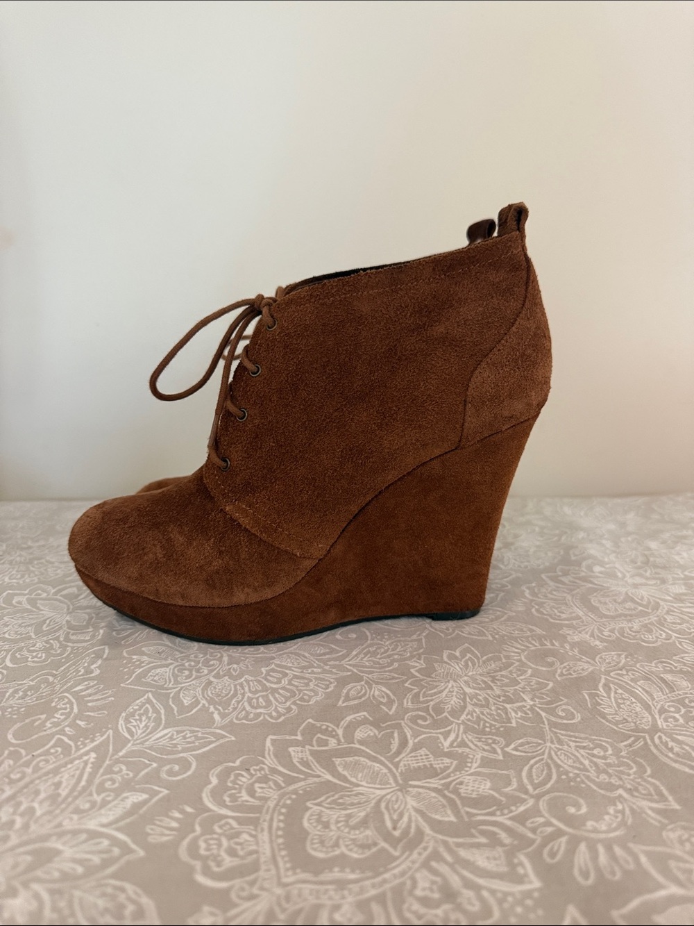 Jessica Simpson Chestnut Suede Lace-Up Wedge Booties